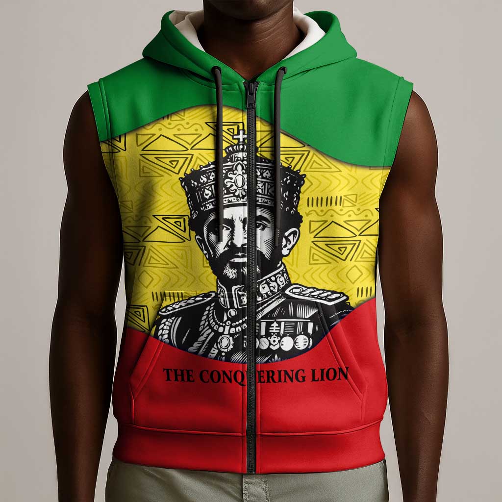 Haile Selassie I Sleeveless Zip Hoodie Ethiopia Lion of Judah and Conquering Lion Pattern Tribute - Wonder Print Shop