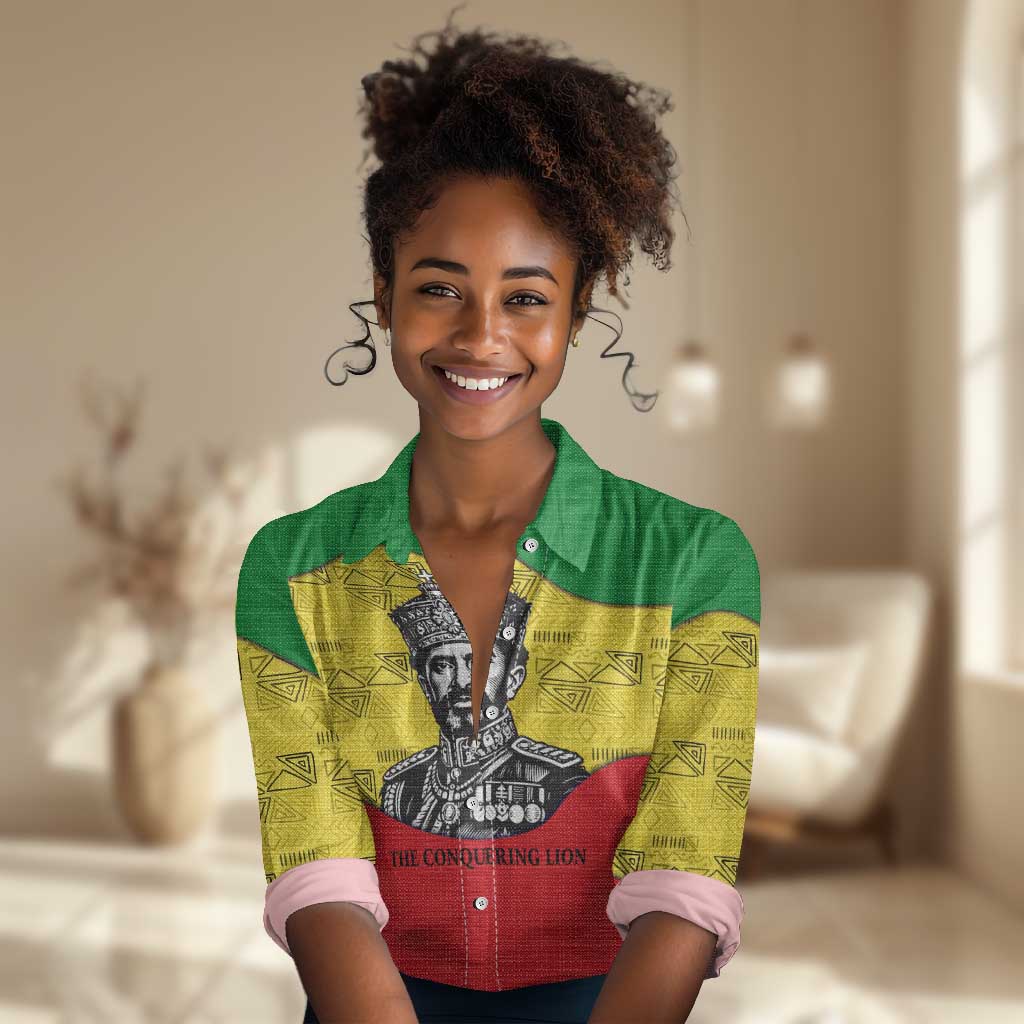Haile Selassie I Women Casual Shirt Ethiopia Lion of Judah and Conquering Lion Pattern Tribute - Wonder Print Shop