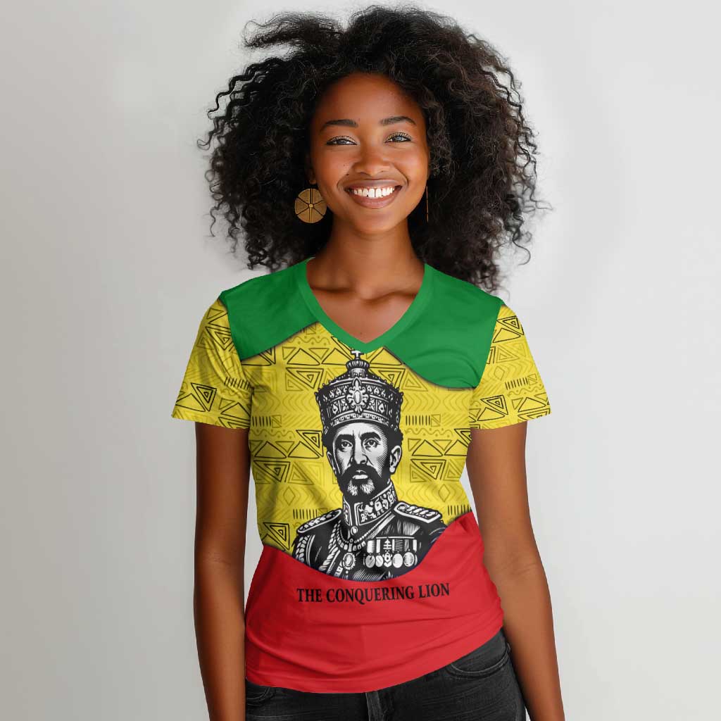 Haile Selassie I Women V-Neck T-Shirt Ethiopia Lion of Judah and Conquering Lion Pattern Tribute - Wonder Print Shop
