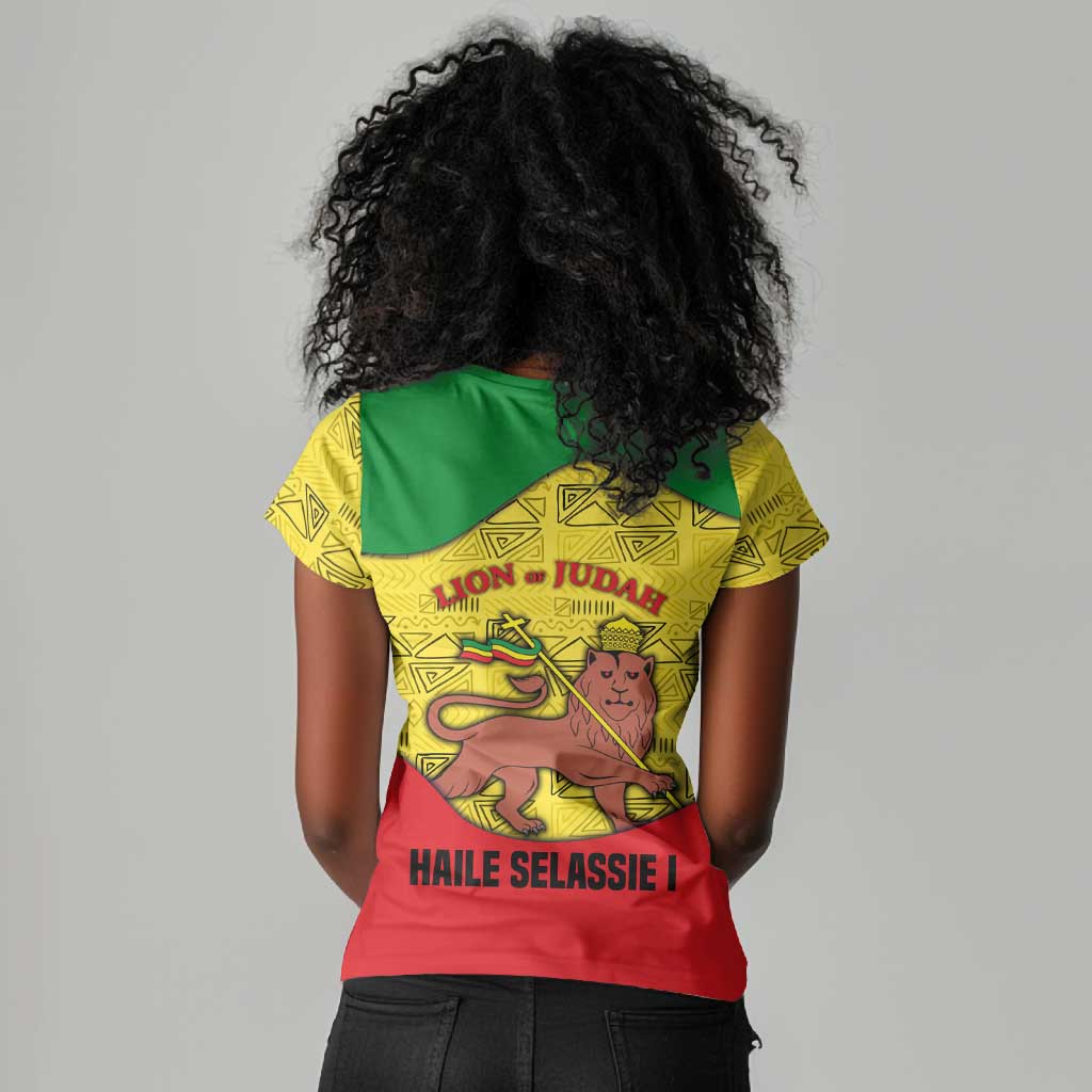Haile Selassie I Women V-Neck T-Shirt Ethiopia Lion of Judah and Conquering Lion Pattern Tribute - Wonder Print Shop