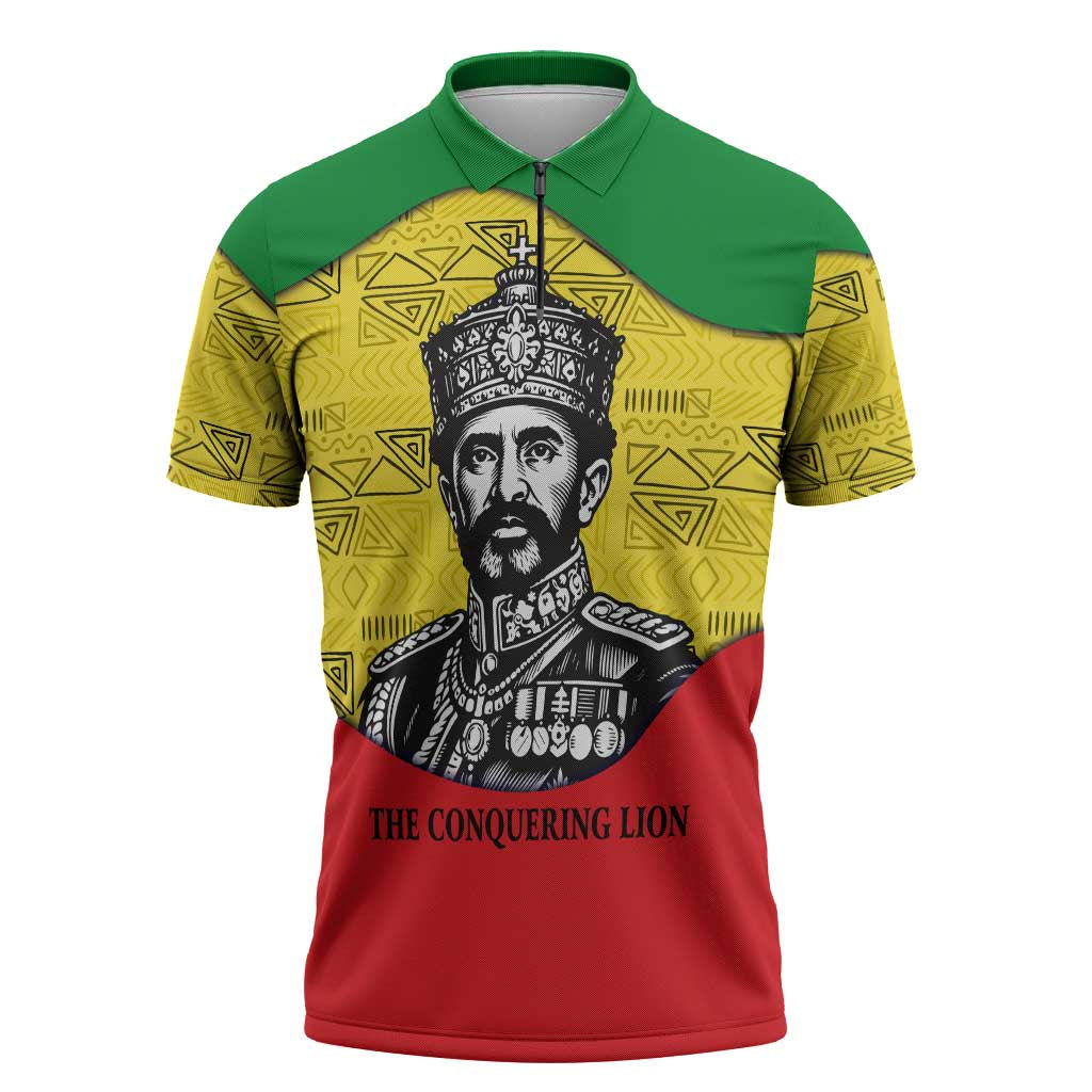 Haile Selassie I Zipper Polo Shirt Ethiopia Lion of Judah and Conquering Lion Pattern Tribute - Wonder Print Shop