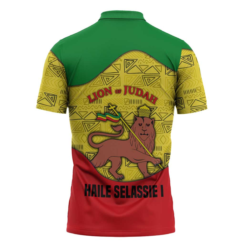 Haile Selassie I Zipper Polo Shirt Ethiopia Lion of Judah and Conquering Lion Pattern Tribute - Wonder Print Shop