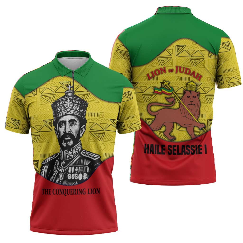 Haile Selassie I Zipper Polo Shirt Ethiopia Lion of Judah and Conquering Lion Pattern Tribute - Wonder Print Shop