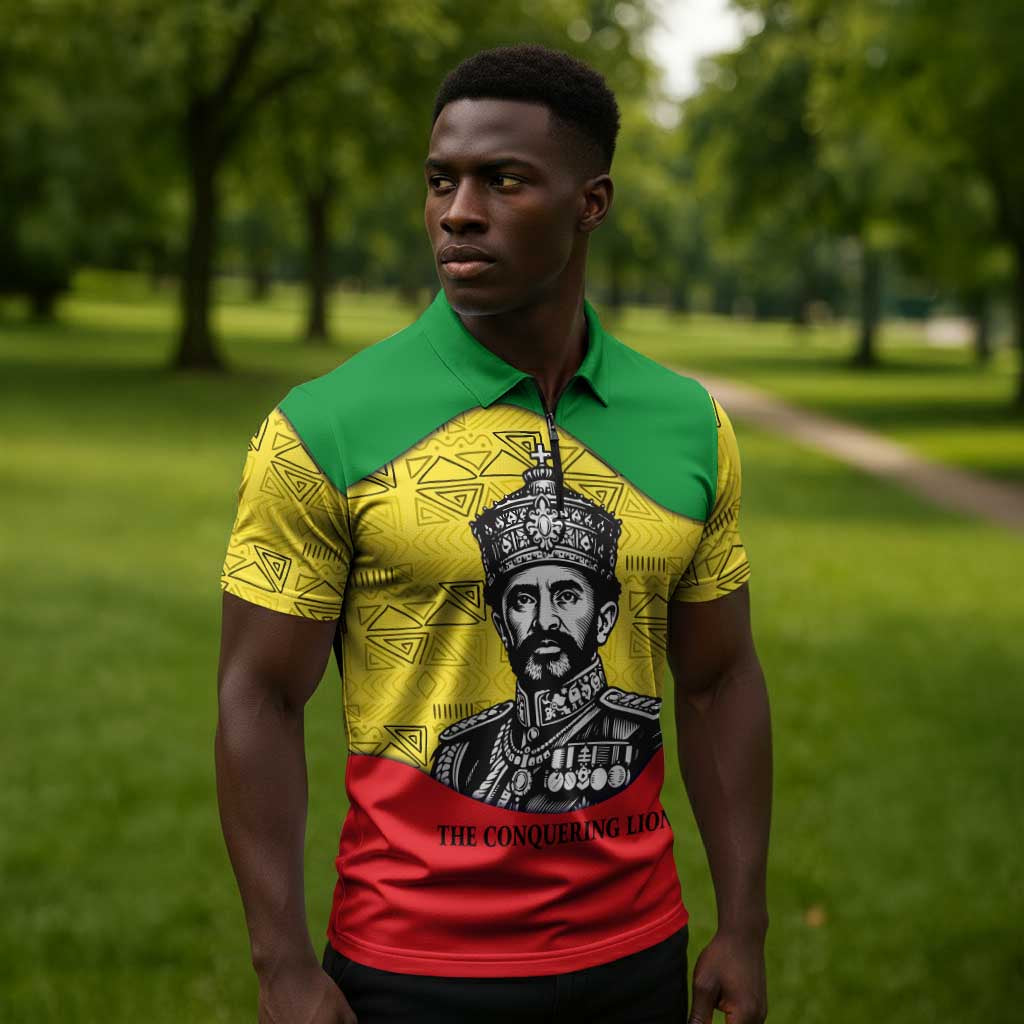 Haile Selassie I Zipper Polo Shirt Ethiopia Lion of Judah and Conquering Lion Pattern Tribute - Wonder Print Shop