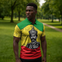 Haile Selassie I Zipper Polo Shirt Ethiopia Lion of Judah and Conquering Lion Pattern Tribute - Wonder Print Shop