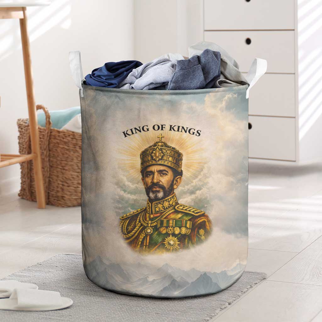 Haile Selassie I Ethiopia Laundry Basket with King of Kings and Conquering Lion Cloud Rays and Regal Portrait - Wonder Print Shop