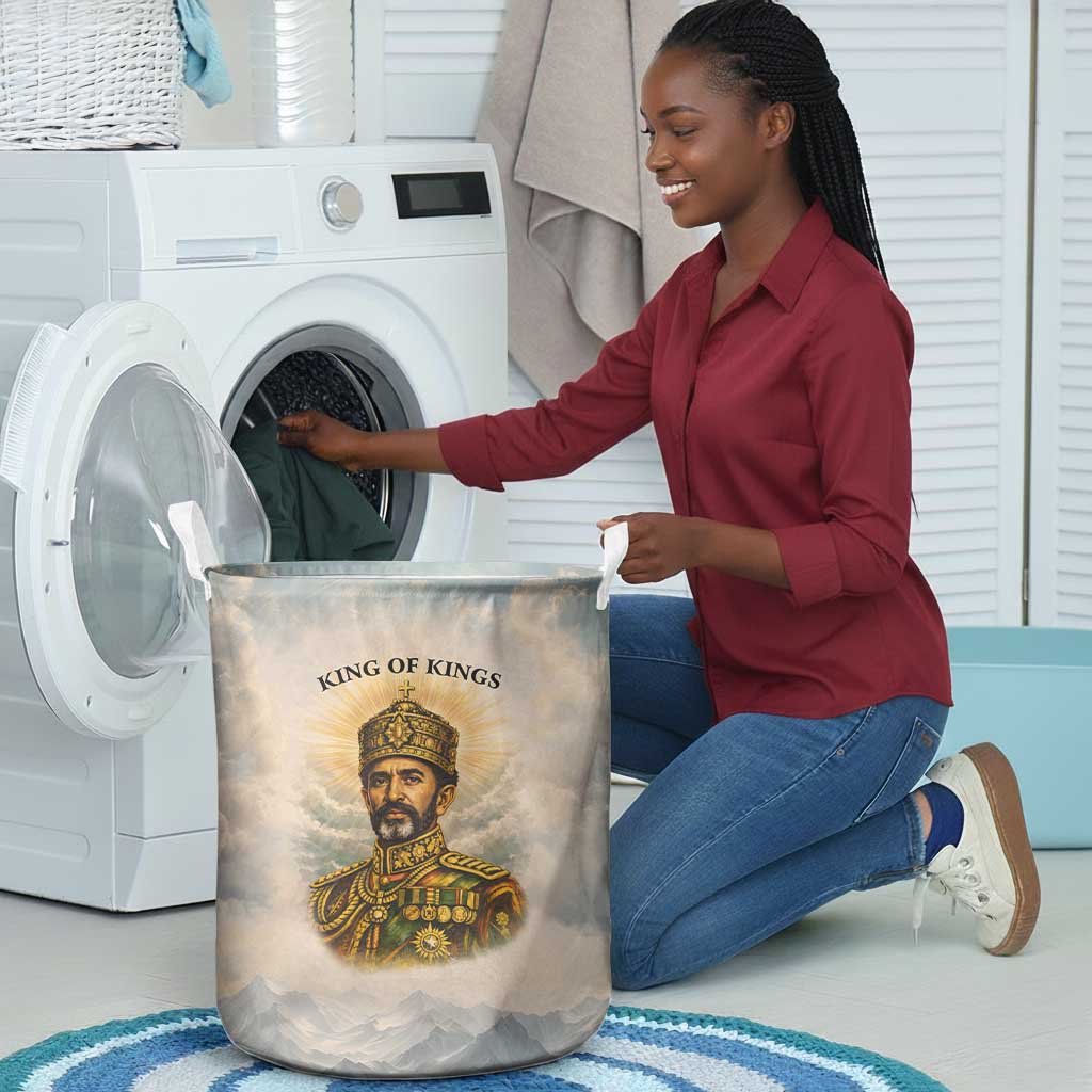 Haile Selassie I Ethiopia Laundry Basket with King of Kings and Conquering Lion Cloud Rays and Regal Portrait - Wonder Print Shop
