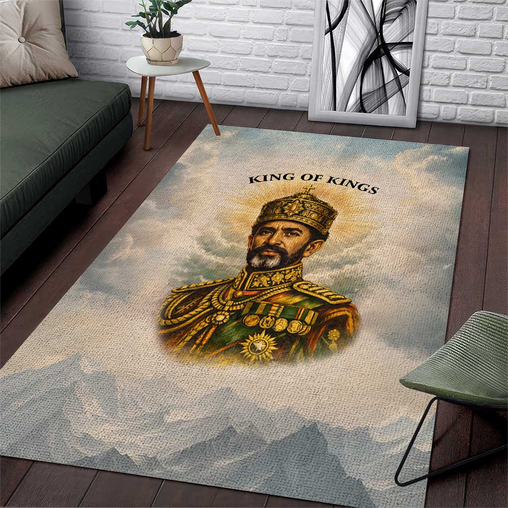 Haile Selassie I Ethiopia Area Rug with King of Kings and Conquering Lion Cloud Rays and Regal Portrait - Wonder Print Shop