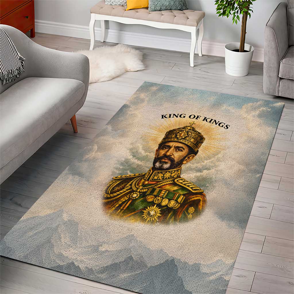 Haile Selassie I Ethiopia Area Rug with King of Kings and Conquering Lion Cloud Rays and Regal Portrait - Wonder Print Shop