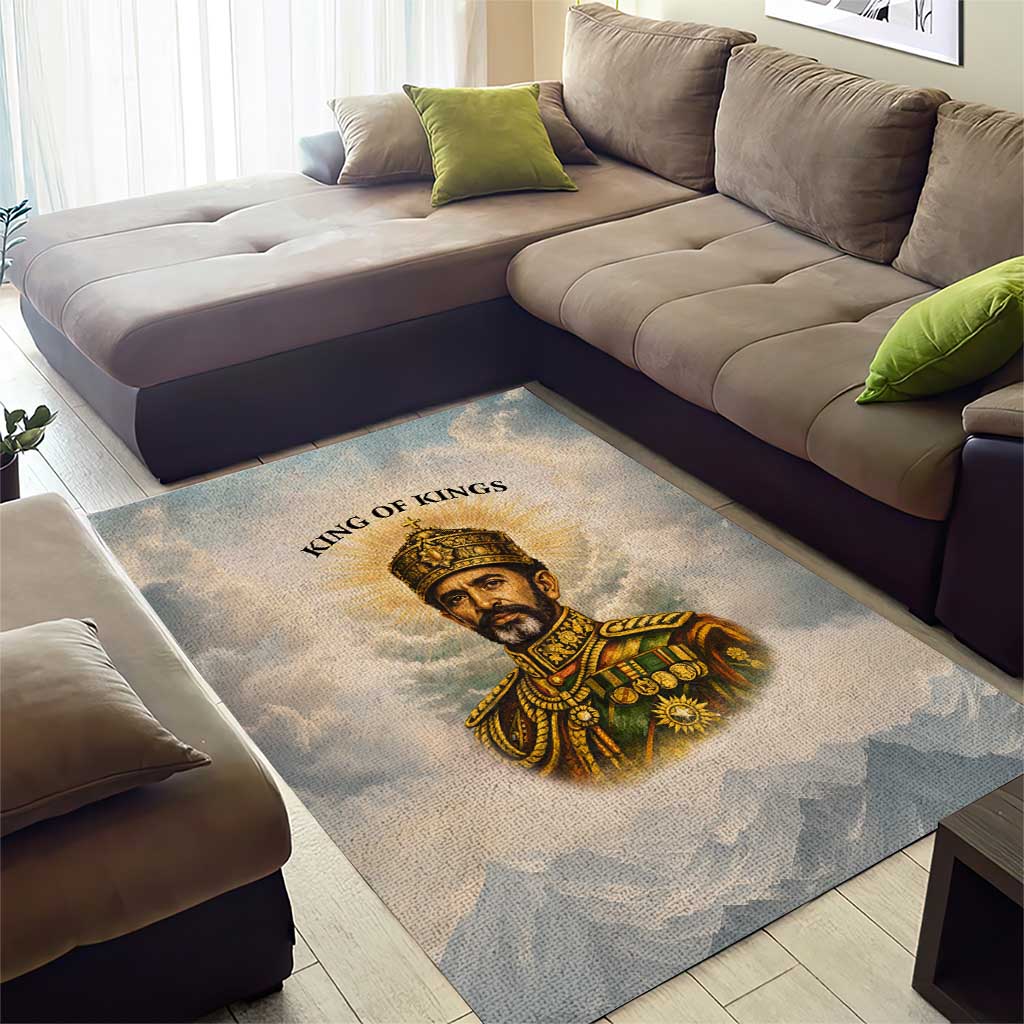 Haile Selassie I Ethiopia Area Rug with King of Kings and Conquering Lion Cloud Rays and Regal Portrait - Wonder Print Shop
