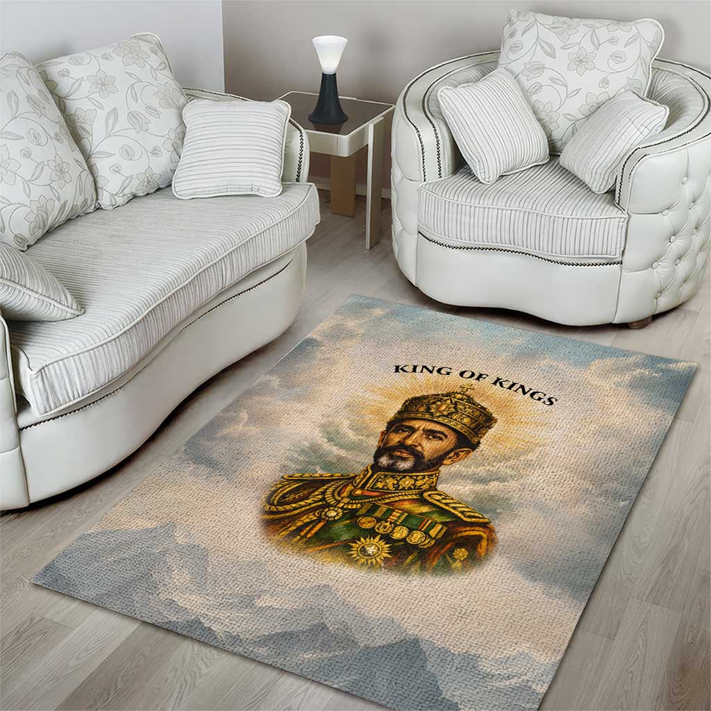 Haile Selassie I Ethiopia Area Rug with King of Kings and Conquering Lion Cloud Rays and Regal Portrait - Wonder Print Shop