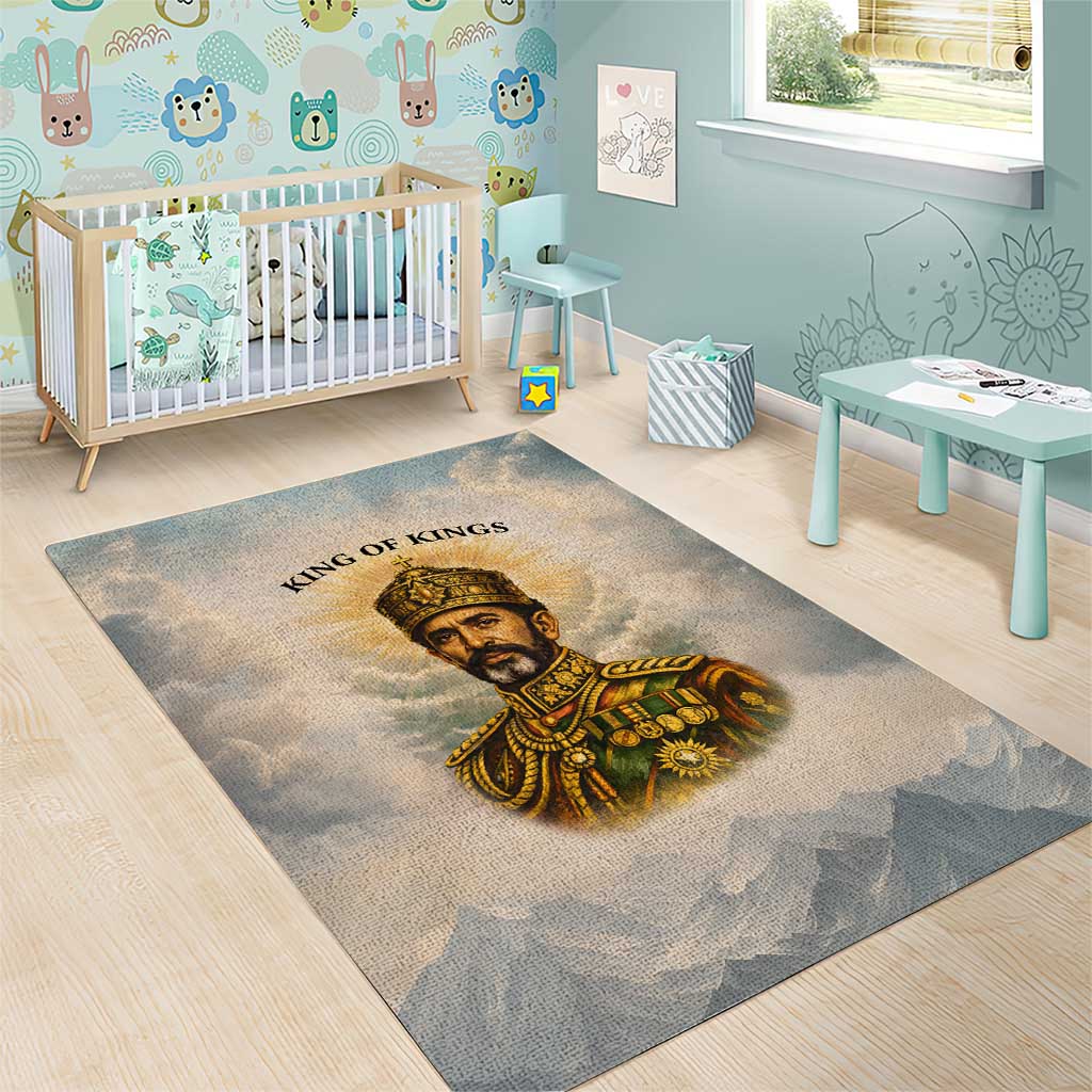 Haile Selassie I Ethiopia Area Rug with King of Kings and Conquering Lion Cloud Rays and Regal Portrait - Wonder Print Shop