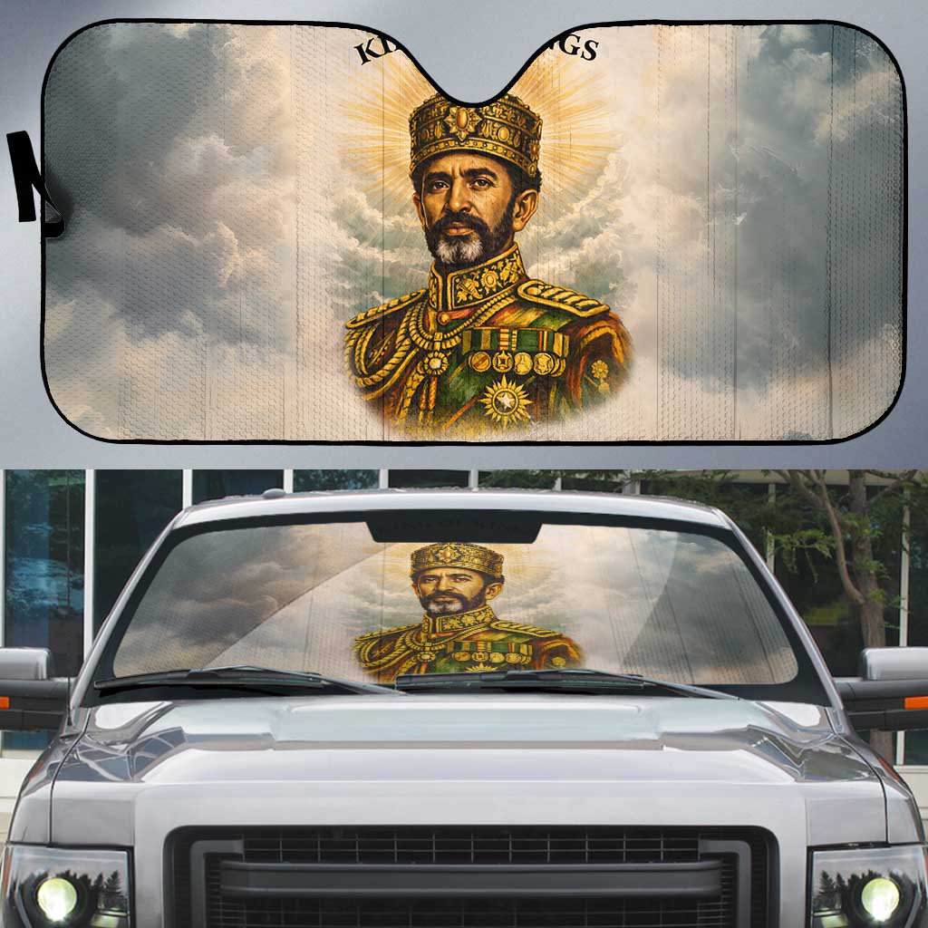 Haile Selassie I Ethiopia Auto Sun Shade with King of Kings and Conquering Lion Cloud Rays and Regal Portrait - Wonder Print Shop