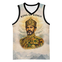 Haile Selassie I Ethiopia Basketball Jersey with King of Kings and Conquering Lion Cloud Rays and Regal Portrait