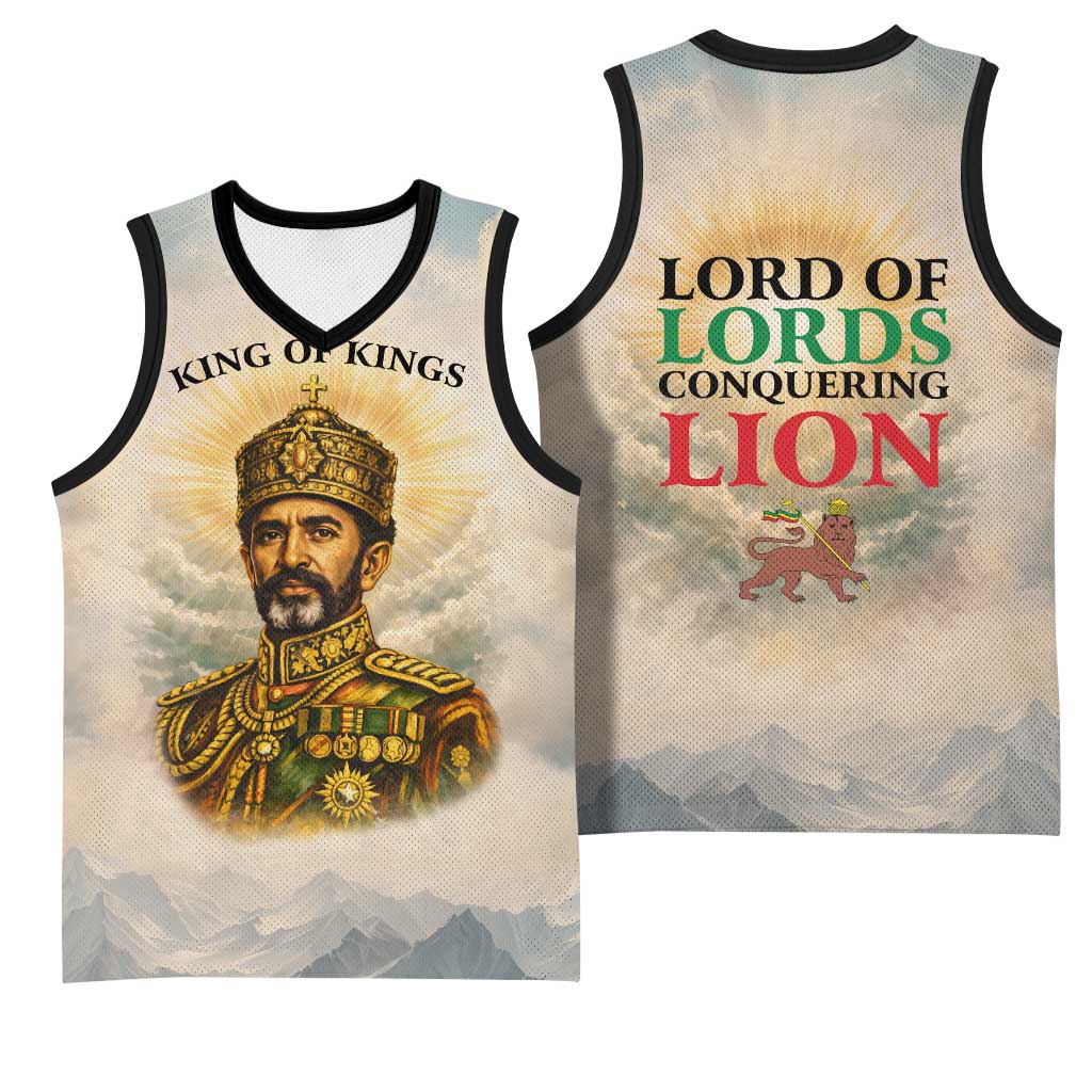 Haile Selassie I Ethiopia Basketball Jersey with King of Kings and Conquering Lion Cloud Rays and Regal Portrait