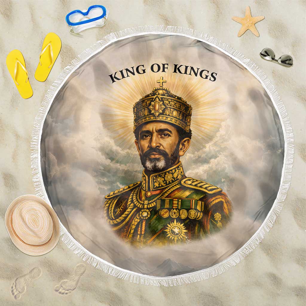 Haile Selassie I Ethiopia Beach Blanket with King of Kings and Conquering Lion Cloud Rays and Regal Portrait - Wonder Print Shop