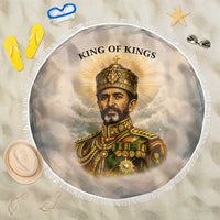 Haile Selassie I Ethiopia Beach Blanket with King of Kings and Conquering Lion Cloud Rays and Regal Portrait - Wonder Print Shop