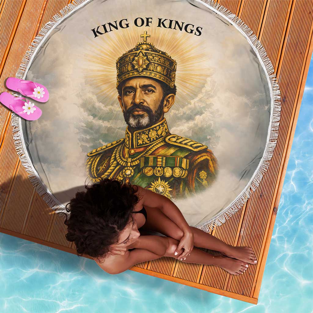 Haile Selassie I Ethiopia Beach Blanket with King of Kings and Conquering Lion Cloud Rays and Regal Portrait - Wonder Print Shop
