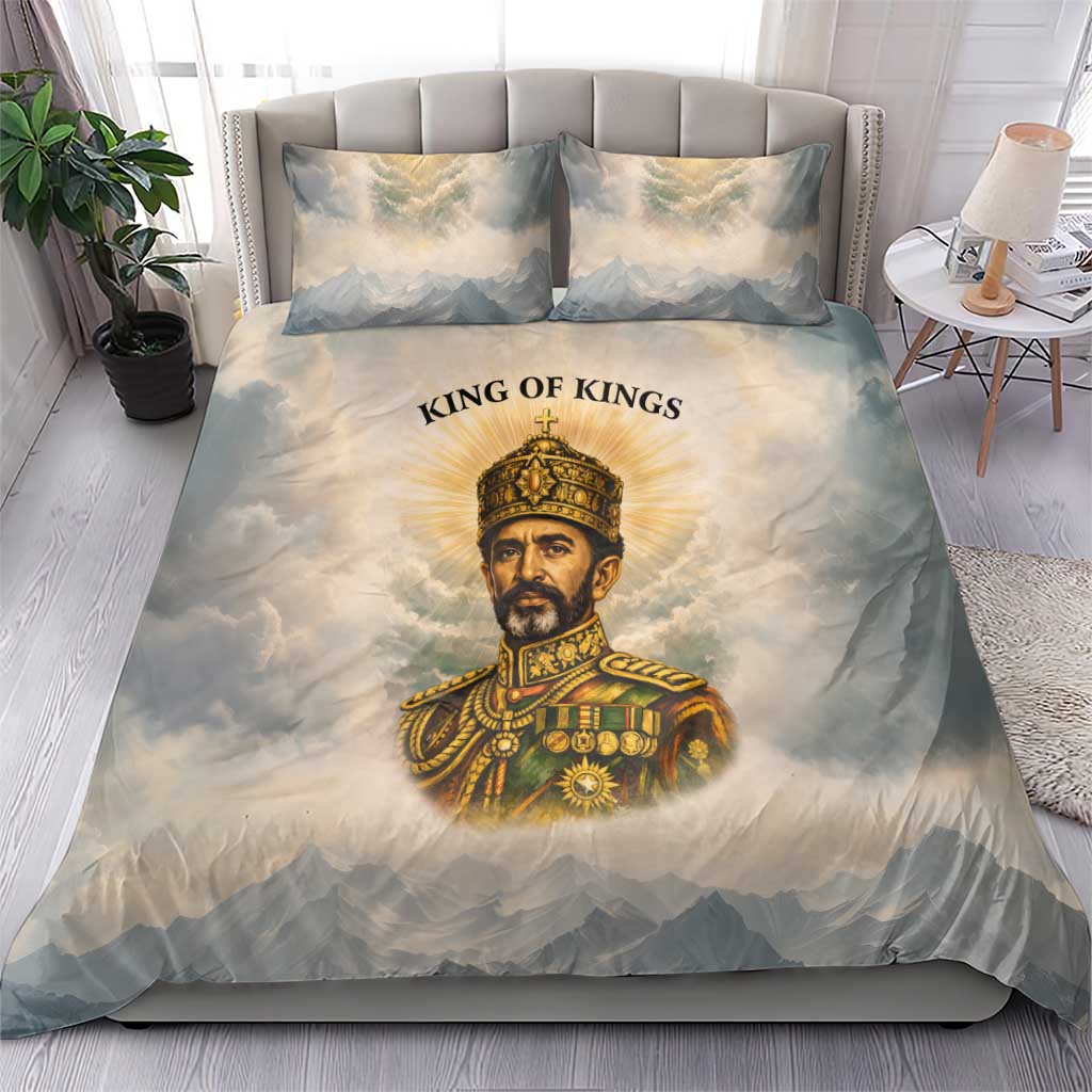 Haile Selassie I Ethiopia Bedding Set with King of Kings and Conquering Lion Cloud Rays and Regal Portrait - Wonder Print Shop