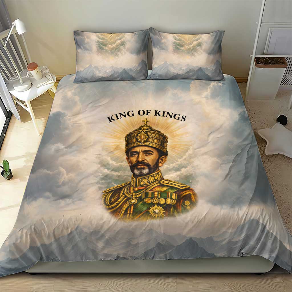 Haile Selassie I Ethiopia Bedding Set with King of Kings and Conquering Lion Cloud Rays and Regal Portrait - Wonder Print Shop
