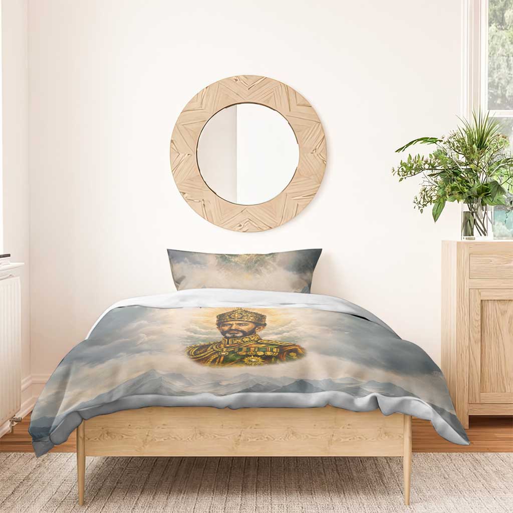 Haile Selassie I Ethiopia Bedding Set with King of Kings and Conquering Lion Cloud Rays and Regal Portrait - Wonder Print Shop