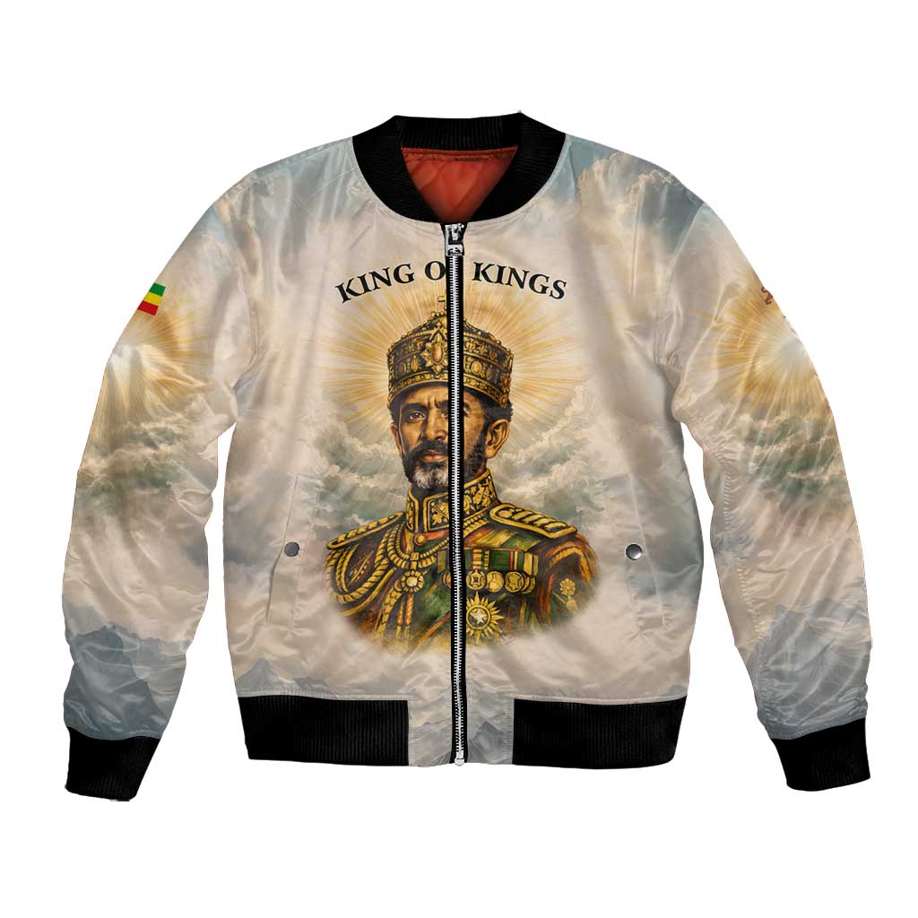 Haile Selassie I Ethiopia Bomber Jacket with King of Kings and Conquering Lion Cloud Rays and Regal Portrait - Wonder Print Shop