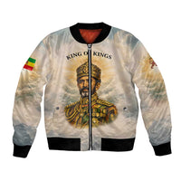 Haile Selassie I Ethiopia Bomber Jacket with King of Kings and Conquering Lion Cloud Rays and Regal Portrait