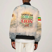 Haile Selassie I Ethiopia Bomber Jacket with King of Kings and Conquering Lion Cloud Rays and Regal Portrait