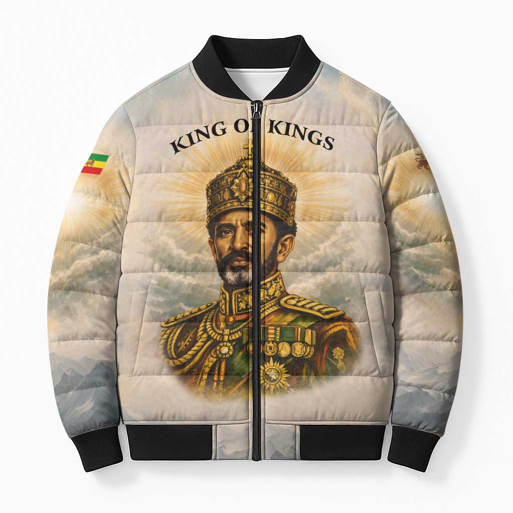 Haile Selassie I Ethiopia Bomber Puffer Jacket with King of Kings and Conquering Lion Cloud Rays and Regal Portrait - Wonder Print Shop