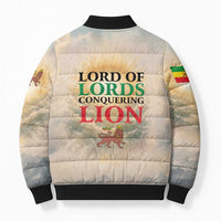 Haile Selassie I Ethiopia Bomber Puffer Jacket with King of Kings and Conquering Lion Cloud Rays and Regal Portrait