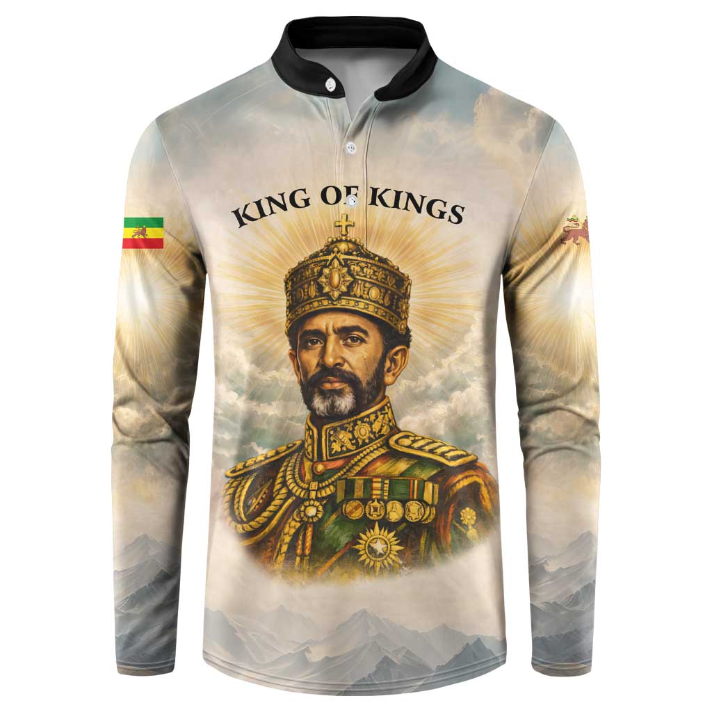 Haile Selassie I Ethiopia Button Sweatshirt with King of Kings and Conquering Lion Cloud Rays and Regal Portrait