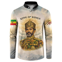 Haile Selassie I Ethiopia Button Sweatshirt with King of Kings and Conquering Lion Cloud Rays and Regal Portrait