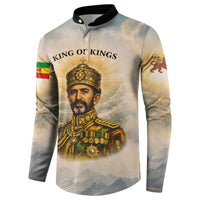 Haile Selassie I Ethiopia Button Sweatshirt with King of Kings and Conquering Lion Cloud Rays and Regal Portrait