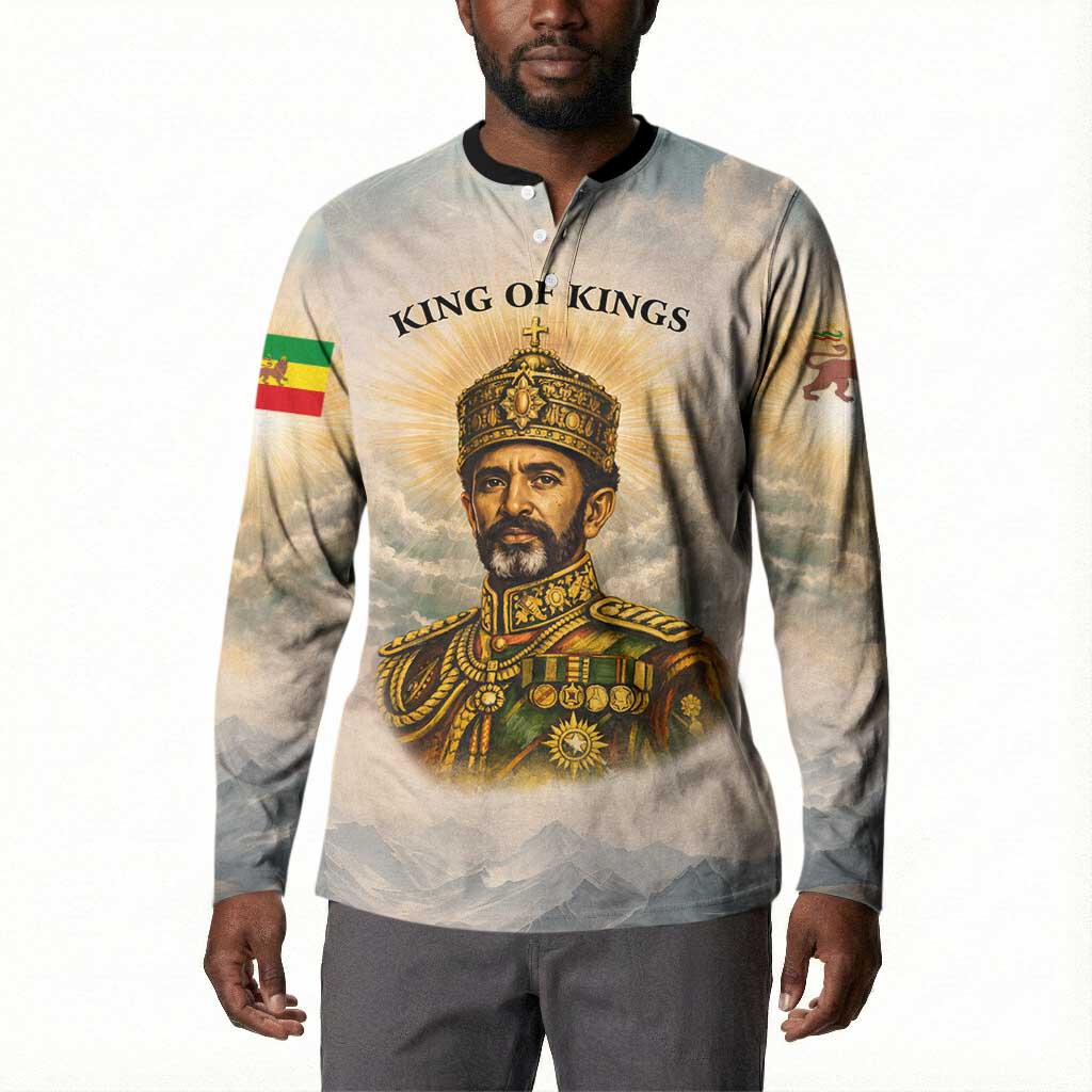 Haile Selassie I Ethiopia Button Sweatshirt with King of Kings and Conquering Lion Cloud Rays and Regal Portrait