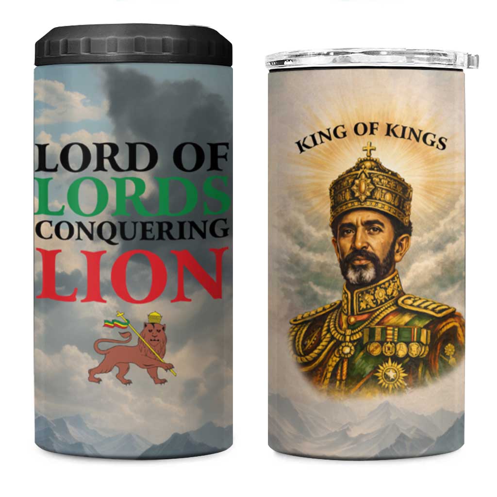 Haile Selassie I Ethiopia 4 in 1 Can Cooler Tumbler with King of Kings and Conquering Lion Cloud Rays and Regal Portrait - Wonder Print Shop