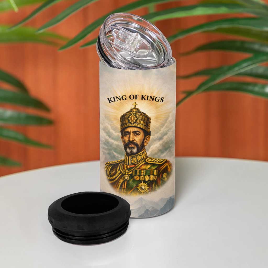 Haile Selassie I Ethiopia 4 in 1 Can Cooler Tumbler with King of Kings and Conquering Lion Cloud Rays and Regal Portrait - Wonder Print Shop