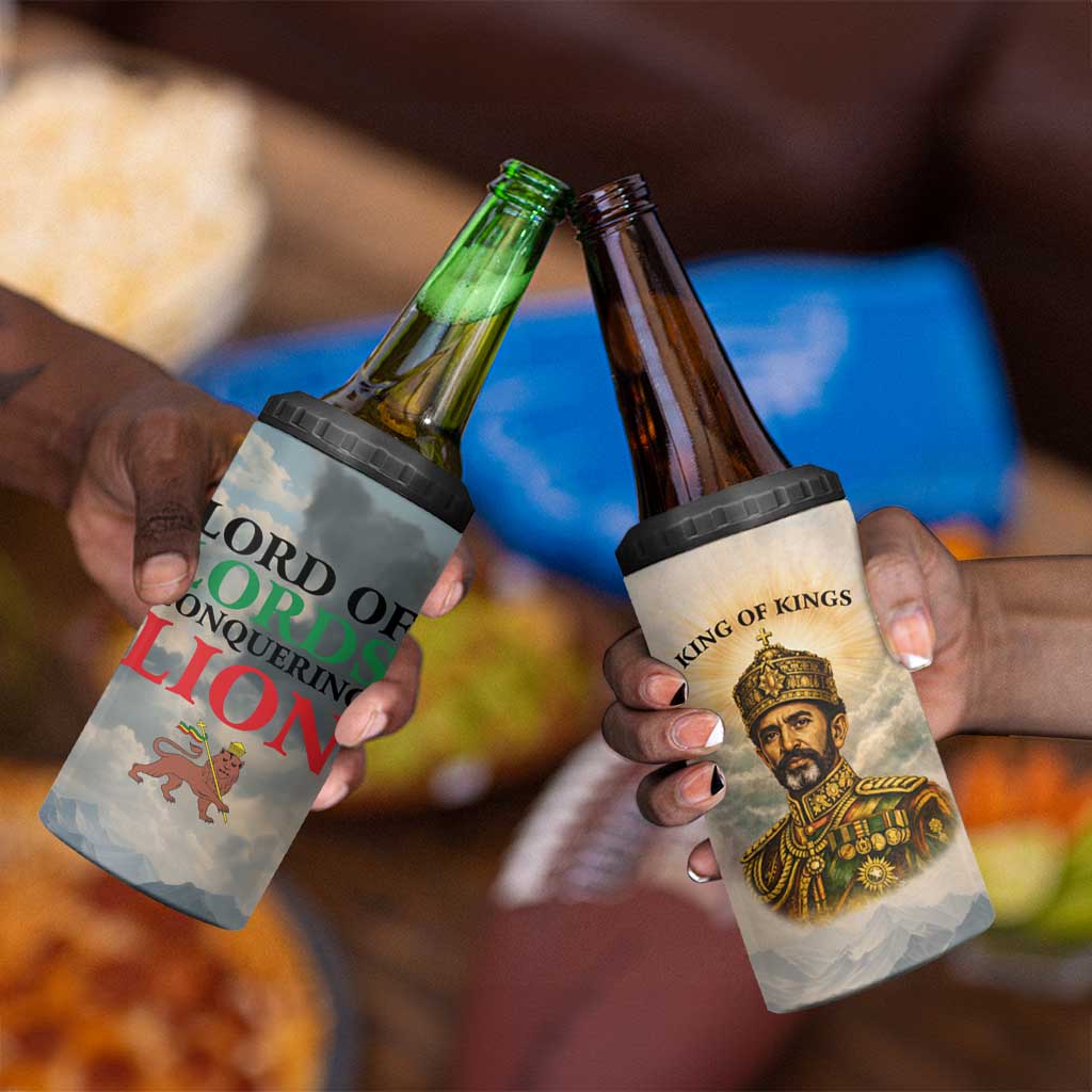 Haile Selassie I Ethiopia 4 in 1 Can Cooler Tumbler with King of Kings and Conquering Lion Cloud Rays and Regal Portrait - Wonder Print Shop