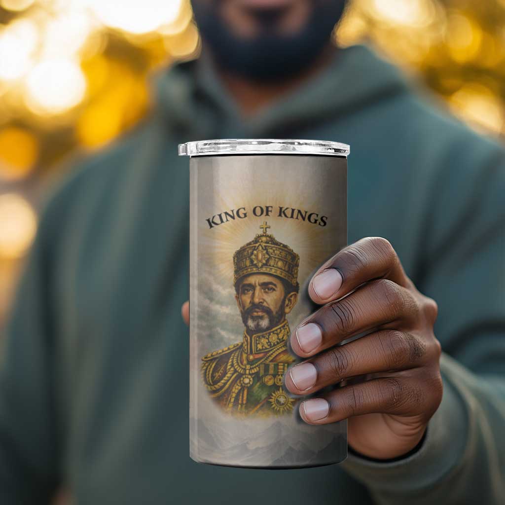 Haile Selassie I Ethiopia 4 in 1 Can Cooler Tumbler with King of Kings and Conquering Lion Cloud Rays and Regal Portrait - Wonder Print Shop