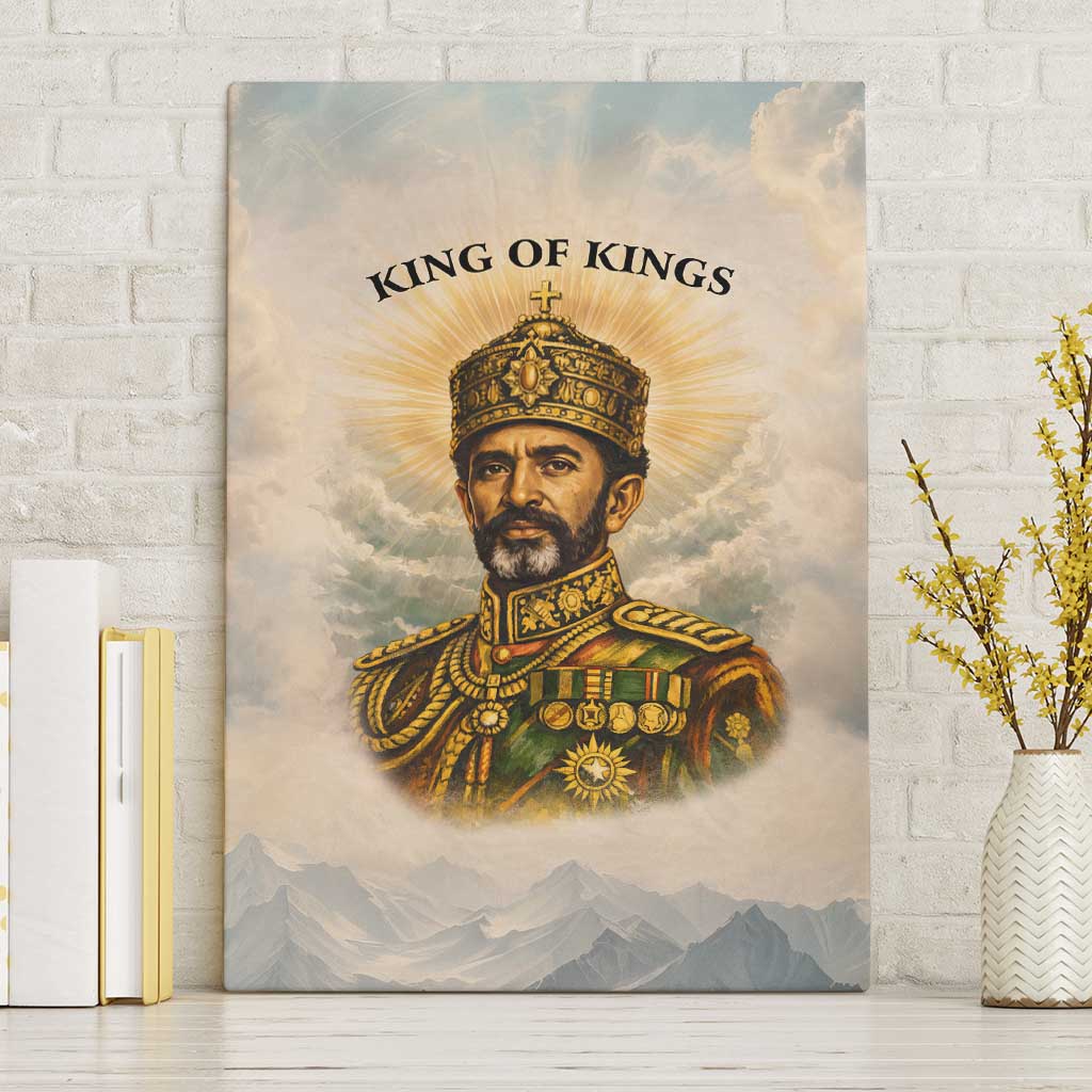 Haile Selassie I Ethiopia Canvas Wall Art with King of Kings and Conquering Lion Cloud Rays and Regal Portrait - Wonder Print Shop