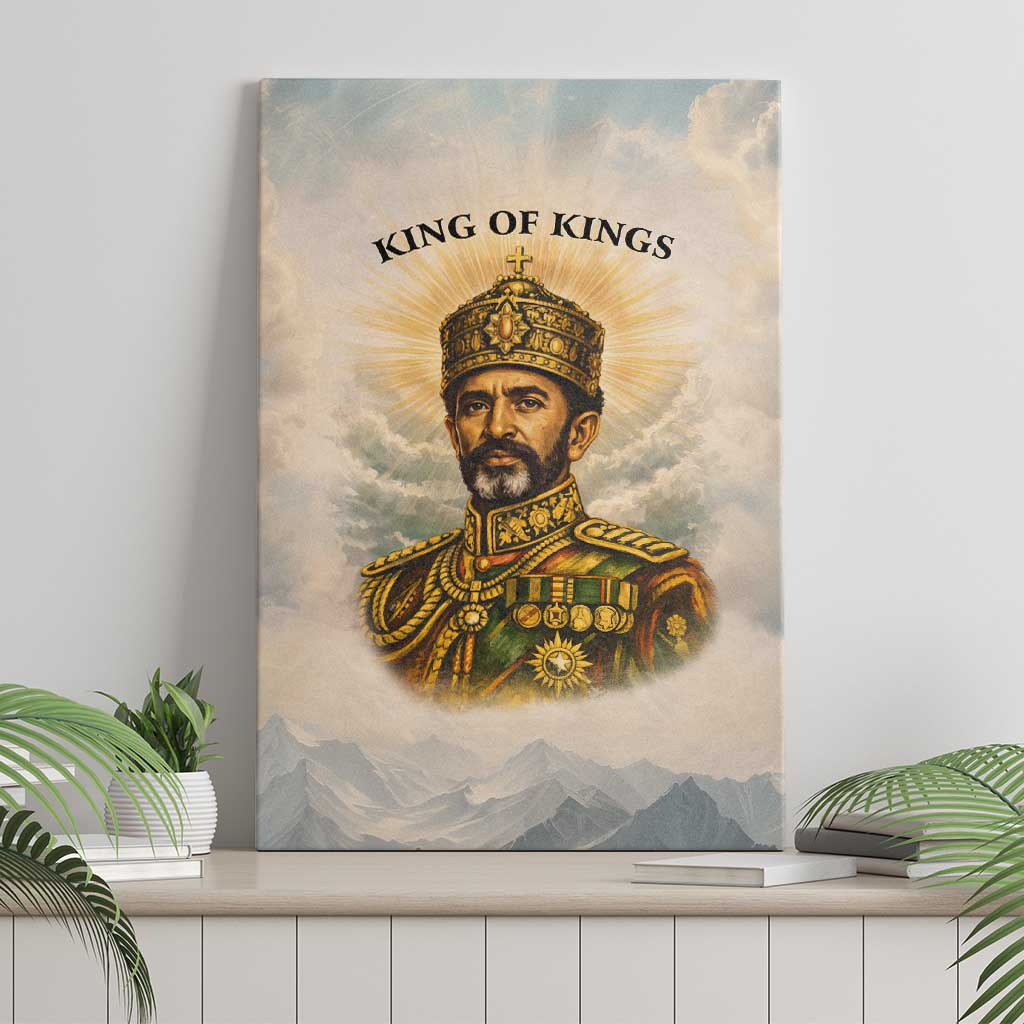 Haile Selassie I Ethiopia Canvas Wall Art with King of Kings and Conquering Lion Cloud Rays and Regal Portrait - Wonder Print Shop