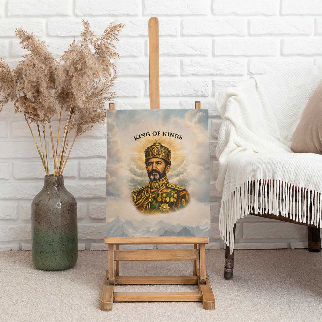 Haile Selassie I Ethiopia Canvas Wall Art with King of Kings and Conquering Lion Cloud Rays and Regal Portrait - Wonder Print Shop