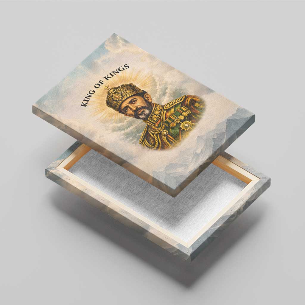 Haile Selassie I Ethiopia Canvas Wall Art with King of Kings and Conquering Lion Cloud Rays and Regal Portrait - Wonder Print Shop