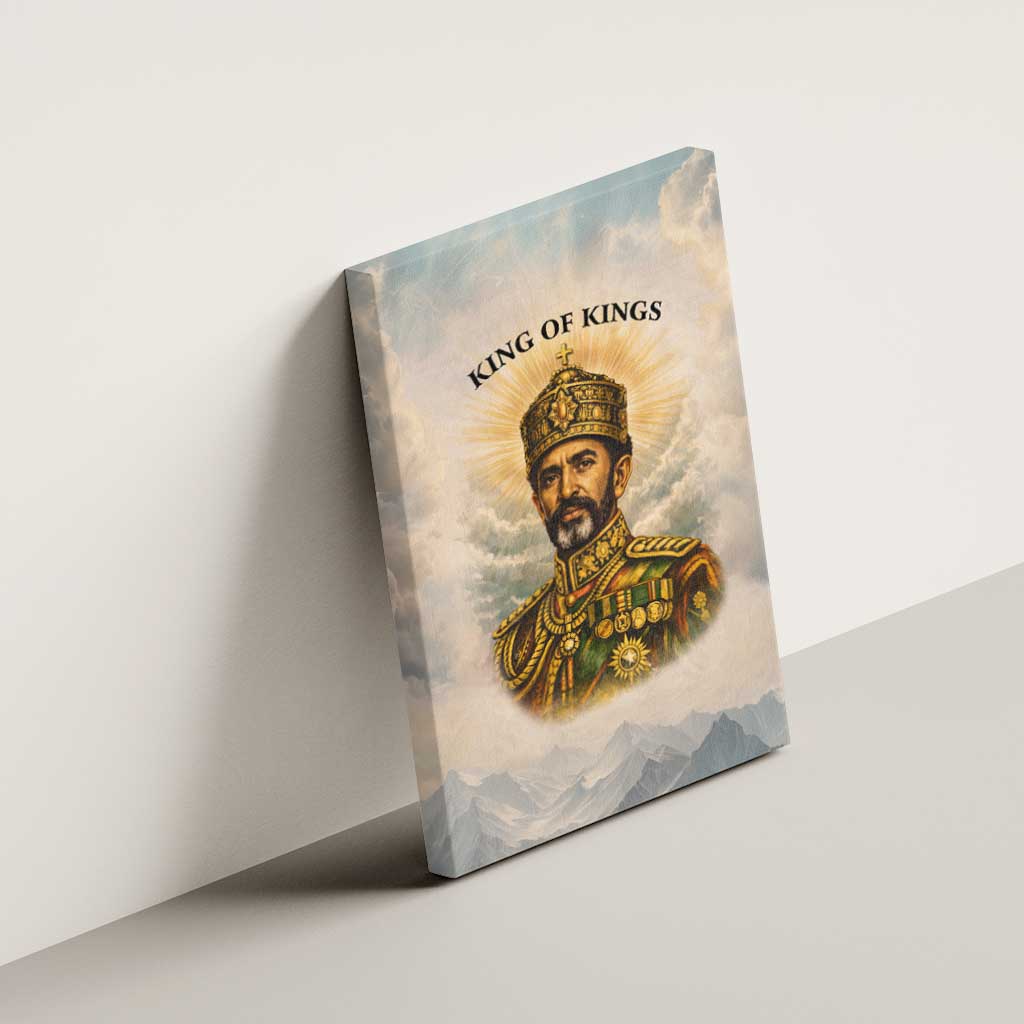 Haile Selassie I Ethiopia Canvas Wall Art with King of Kings and Conquering Lion Cloud Rays and Regal Portrait - Wonder Print Shop