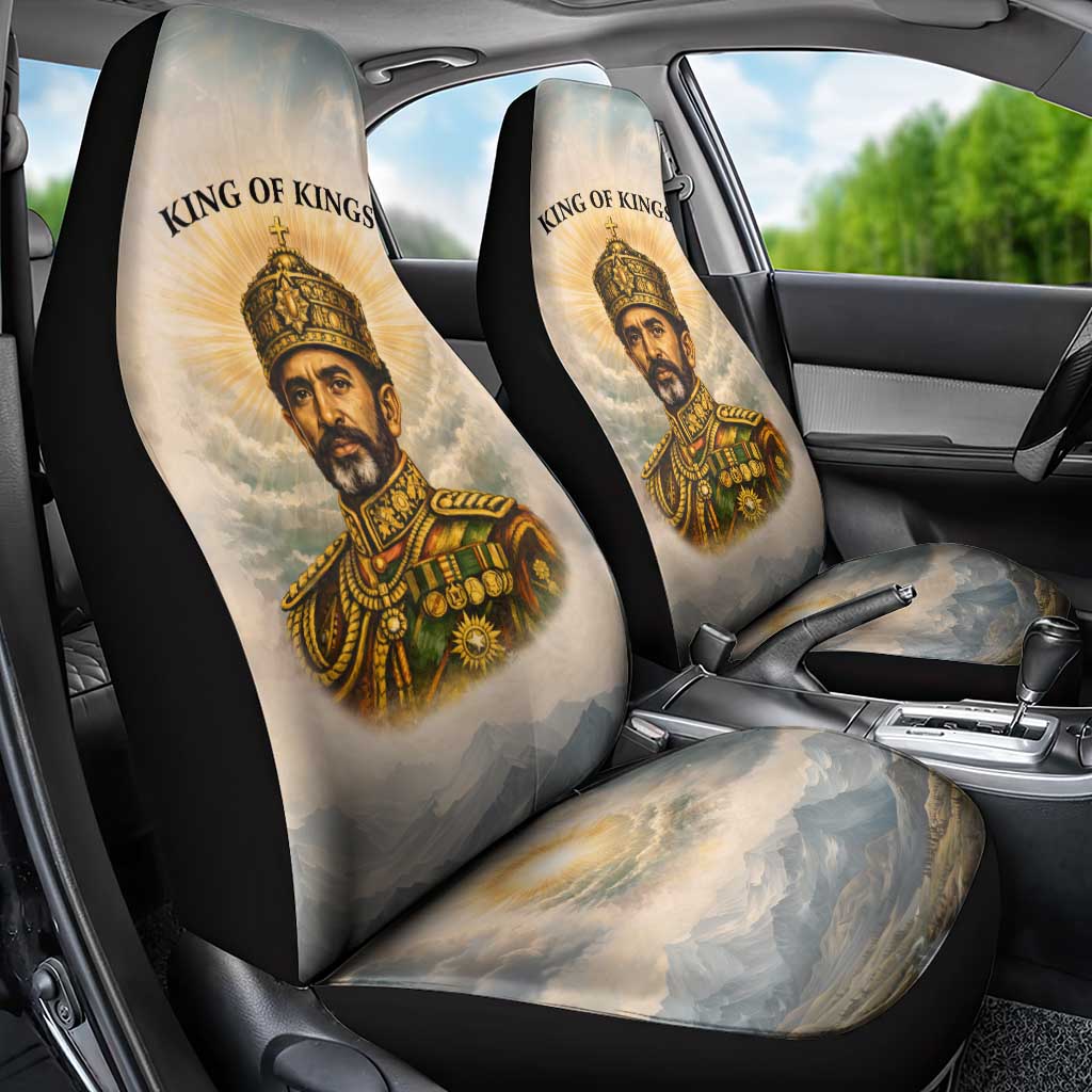Haile Selassie I Ethiopia Car Seat Cover with King of Kings and Conquering Lion Cloud Rays and Regal Portrait - Wonder Print Shop