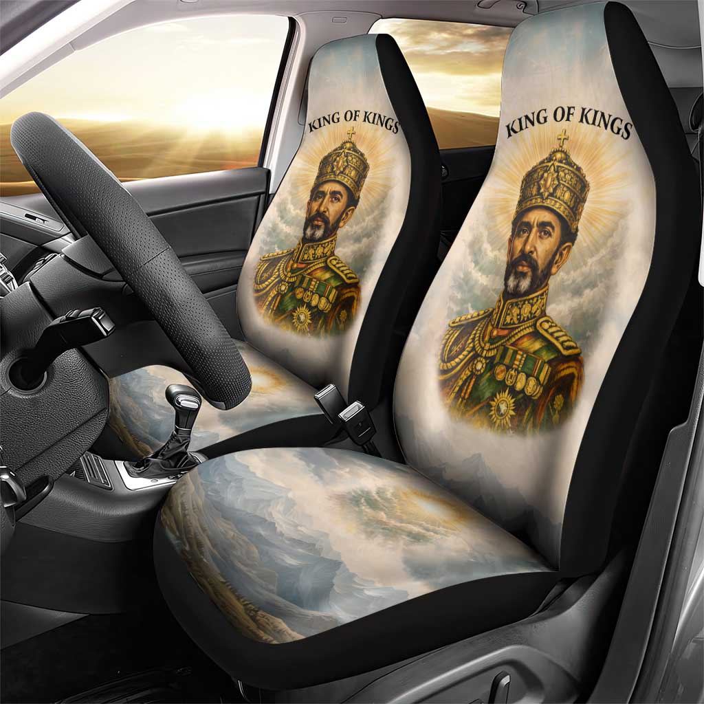 Haile Selassie I Ethiopia Car Seat Cover with King of Kings and Conquering Lion Cloud Rays and Regal Portrait - Wonder Print Shop