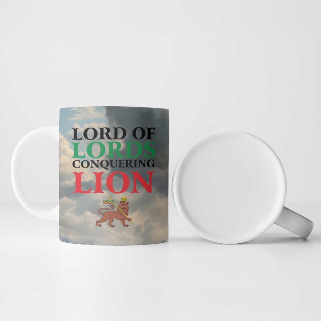 Haile Selassie I Ethiopia Ceramic Mug with King of Kings and Conquering Lion Cloud Rays and Regal Portrait - Wonder Print Shop