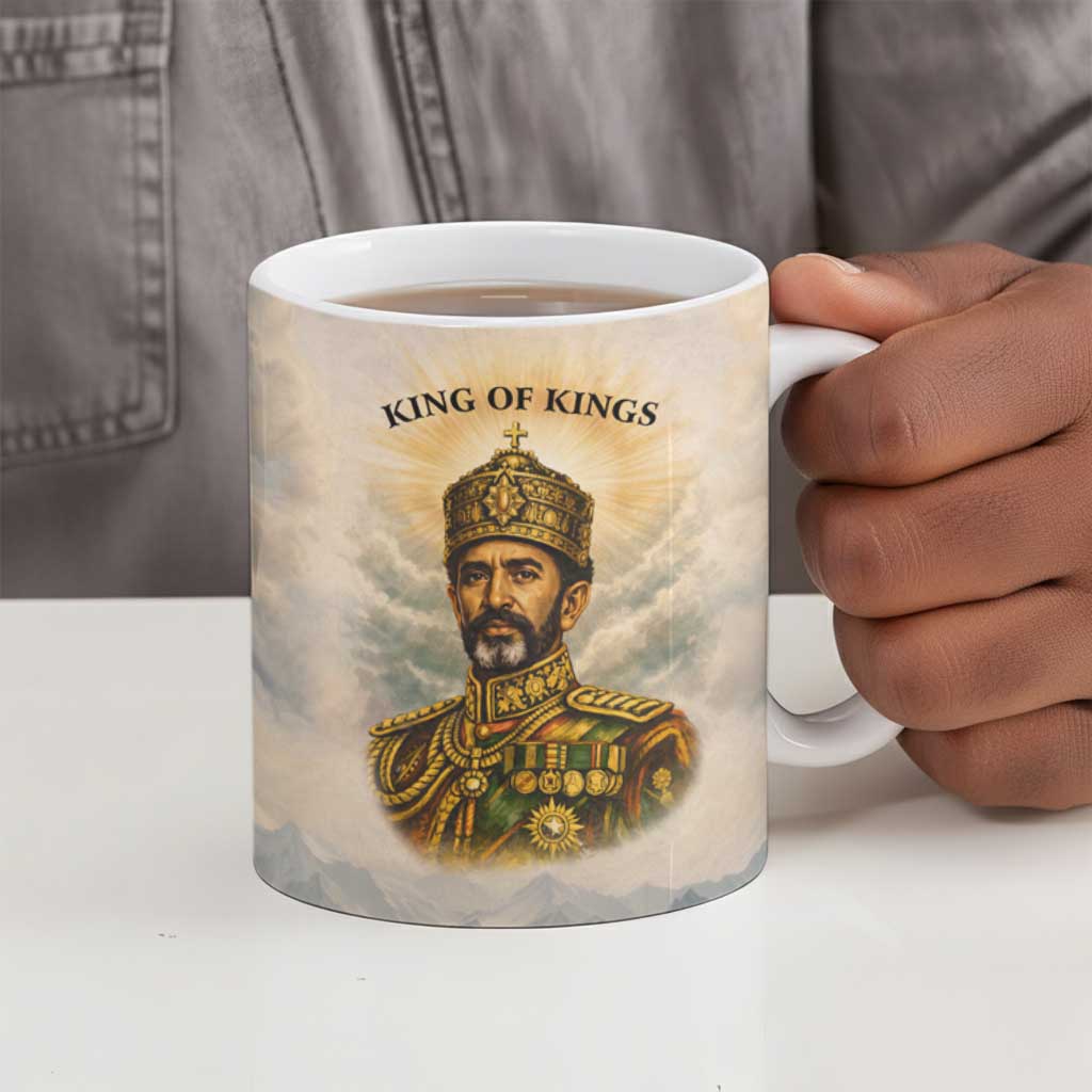 Haile Selassie I Ethiopia Ceramic Mug with King of Kings and Conquering Lion Cloud Rays and Regal Portrait - Wonder Print Shop