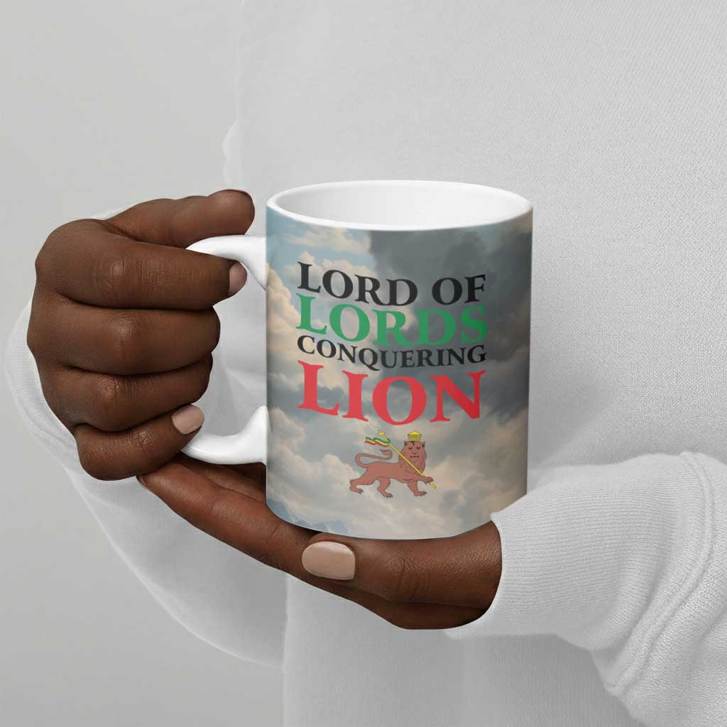 Haile Selassie I Ethiopia Ceramic Mug with King of Kings and Conquering Lion Cloud Rays and Regal Portrait - Wonder Print Shop