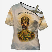 Haile Selassie I Ethiopia Cross Shoulder Shirt with King of Kings and Conquering Lion Cloud Rays and Regal Portrait