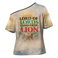 Haile Selassie I Ethiopia Cross Shoulder Shirt with King of Kings and Conquering Lion Cloud Rays and Regal Portrait